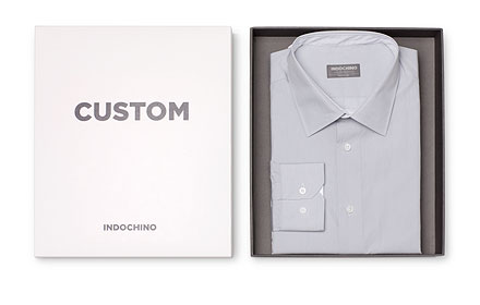 A custom INDOCHINO shirt folded inside it's shipping box.